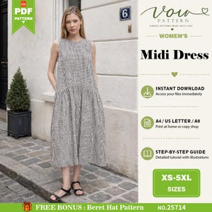 Może przedstawiać: Sukienka midi bez rękawów w czarno-białą kratkę, z obniżoną talią i rozkloszowaną spódnicą. Tekst na obrazku zawiera Vow Pattern, Midi Dress, Instant Download, A4/US Letter/A0, Step-by-Step Guide, XS-5XL oraz Free Bonus: Beret Hat Pattern.