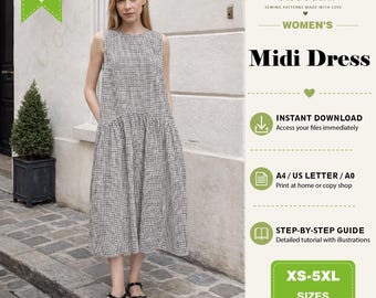 Midi Dress PDF Sewing Pattern – Sleeveless, Asymmetrical Pleated Skirt, Elegant Boho Long Dress Sewing Pattern for DIY, beginner friendly
