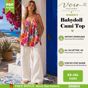 Babydoll Cami Top PDF Symönster, Spaghetti Band Linne Mönster, Sommarblus, Rynkade Linnen