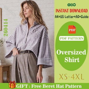 Peut inclure: Une femme porte une chemise à rayures surdimensionnée avec des manches larges et un pantalon plissé. L'image comprend le texte "Oversized Shirt" et "XS-4XL". L'image comprend également le texte "GIFT: Free Beret Hat Pattern".