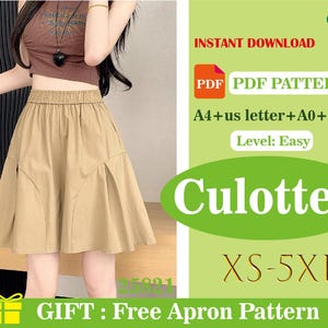 Damen Skort Schnittmuster PDF, Hohe Taille Elastische Taille Culottes mit Ausgestelltes Rock Overlay, Lässige Sommer Shorts Digitaler Download