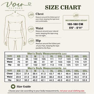 May include: A size chart for sewing patterns featuring a line drawing of a torso with chest, waist, and hip measurement points. It includes a recommended height of 5'5"-5'11" and tables listing body measurements in centimeters and inches for sizes XS to 5XL.