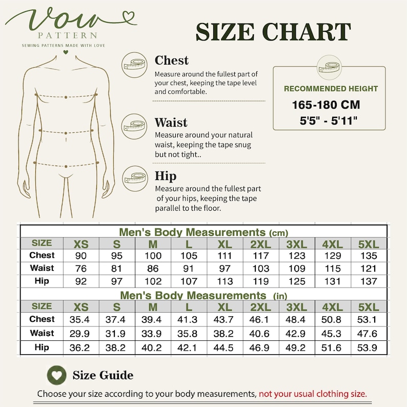 May include: A size chart for sewing patterns featuring a line drawing of a torso with chest, waist, and hip measurement points. It includes a recommended height of 5'5"-5'11" and tables listing body measurements in centimeters and inches for sizes XS to 5XL.