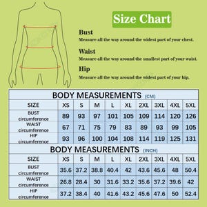 Peut inclure: Un tableau des tailles avec les mensurations corporelles en centim&egrave;tres et en pouces. Le tableau comprend les mesures de la poitrine, de la taille et des hanches pour les tailles XS &agrave; 5XL. Le texte "Size Chart" est dans un encadr&eacute; vert en haut.