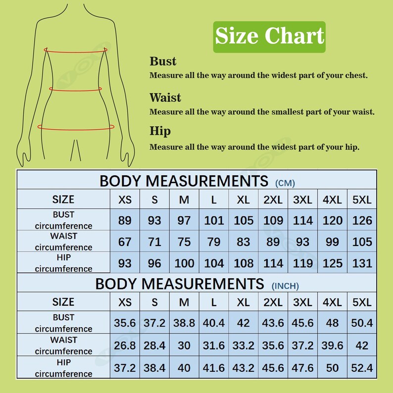 Peut inclure: Un tableau des tailles avec les mensurations corporelles en centim&egrave;tres et en pouces. Le tableau comprend les mesures de la poitrine, de la taille et des hanches pour les tailles XS &agrave; 5XL. Le texte "Size Chart" est dans un encadr&eacute; vert en haut.