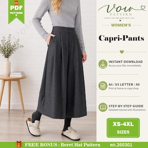 Puede incluir: Un patrón de costura para pantalones capri de color gris carbón con pernera ancha, cintura alta con pliegues y bolsillos laterales. El documento digital incluye texto para descarga instantánea, formatos A4, US Letter, A0 y guía paso a paso para tallas XS-4XL.