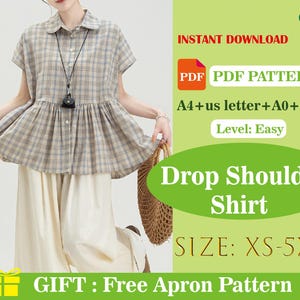 Women’s Drop Shoulder Shirt PDF Sewing Pattern, Loose Fit Oversized Casual Blouse, Digital Download DIY Sewing Template for Beginners