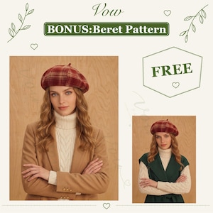 May include: A red and brown plaid beret worn with a cream-coloured cable-knit turtleneck sweater. The image includes text that reads Vow, BONUS: Beret Pattern, and FREE. The beret features a classic rounded shape with a small top centre detail.