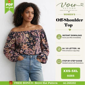 Può includere: Un cartamodello digitale in PDF per un top con spalle scoperte e maniche lunghe, realizzato in tessuto nero con una stampa floreale e paisley multicolore. Il modello include le taglie dalla XXS alla 5XL e una guida passo dopo passo.