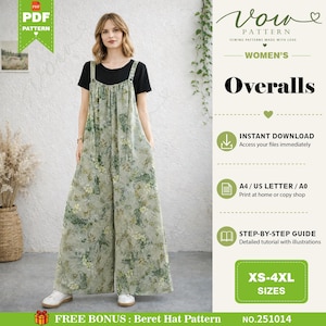 May include: A loose-fitting, wide-leg jumpsuit featuring a light green botanical print with various leaf and floral patterns. The garment has a rounded neckline and thick shoulder straps, worn over a plain black short-sleeved t-shirt and white sneakers.