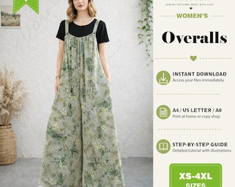 Puede incluir: Un mono holgado de pernera ancha con un estampado botánico en verde claro que presenta diversos motivos de hojas y flores. La prenda tiene un escote redondeado y tirantes anchos, y se lleva sobre una camiseta negra de manga corta y zapatillas blancas.