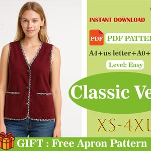 Klassische Damen Weste Schnittmuster PDF | Geschneiderte Weste | Einfach ausdruckbares Muster für A4 US Letter A0