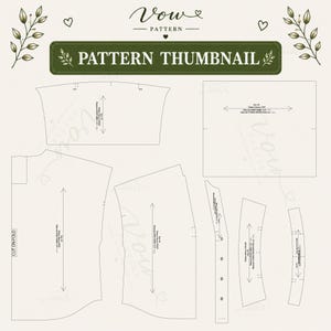 May include: A digital sewing pattern thumbnail by Vow Pattern featuring various garment pieces including a back, front, collar, and cuff. The layout includes technical lines, grainline arrows, and text labels for cutting instructions on a light background.