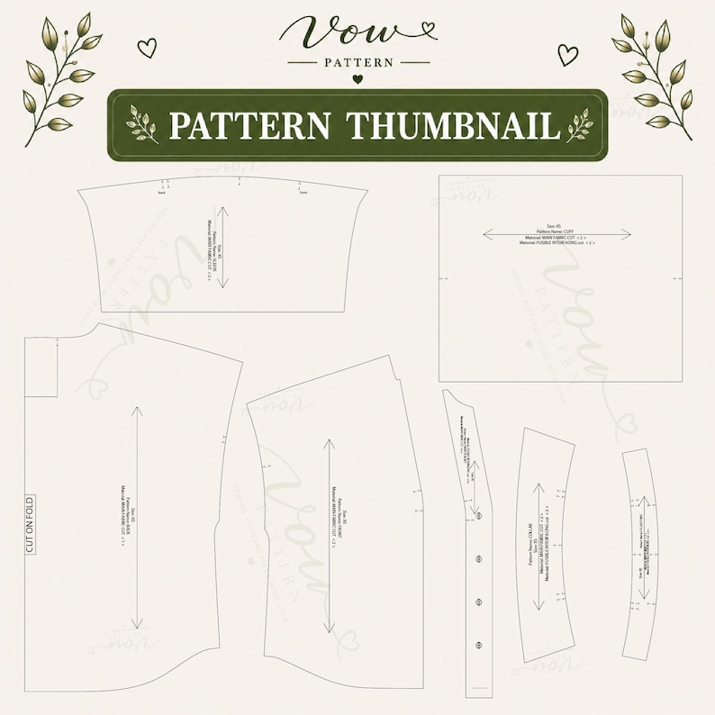 May include: A digital sewing pattern thumbnail by Vow Pattern featuring various garment pieces including a back, front, collar, and cuff. The layout includes technical lines, grainline arrows, and text labels for cutting instructions on a light background.