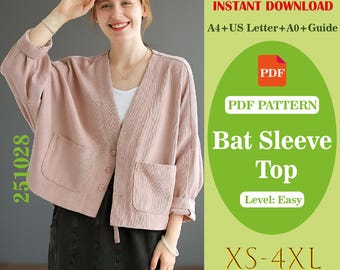 Patrón de costura para blusa de manga murciélago, corte holgado (patrón en PDF)