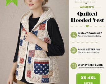 Quilted Hooded Vest PDF Sewing Pattern, Beginner Friendly (XS-4XL)