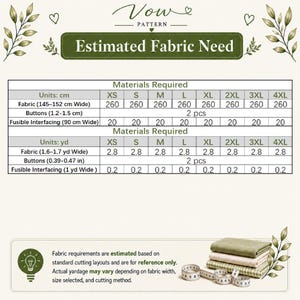 Puede incluir: Una tabla de Vow Pattern titulada Estimated Fabric Need, que muestra los requisitos de material en cent&iacute;metros y yardas para las tallas XS a 4XL. La tabla enumera tela, botones y entretela, junto a una pila de telas dobladas.