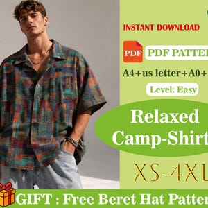 Puede incluir: Una camisa de campamento de manga corta y multicolor con un diseño de patchwork. La imagen incluye el texto "Relaxed Camp-Shirt" y "XS-4XL". La imagen también incluye el texto "INSTANT DOWNLOAD" y "PDF PDF PATTERN".