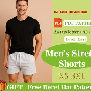 メンズニットショーツの縫製パターンPDF、ストレッチショーツのパターン、メンズカジュアルラウンジショーツ、デジタルダウンロード、A4レターA0