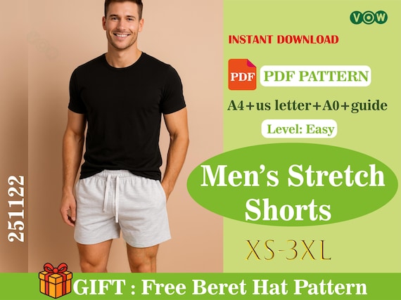 Men’s Knit Shorts Sewing Pattern PDF, Stretch Shorts Pattern, Casual Men’s Lounge Shorts, Digital Download, A4 Letter A0