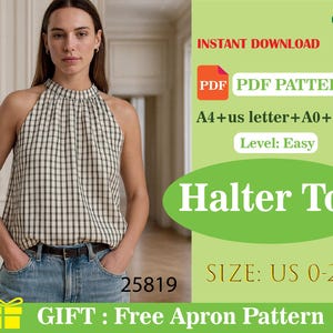 Op de afbeelding: Een haltertop met een zwart-beige geruit patroon. De top is mouwloos en heeft een hoge halslijn. De afbeelding bevat ook de tekst "Direct downloaden", "PDF PDF Pattern", "Halter Top" en "MAAT: US 0-22".