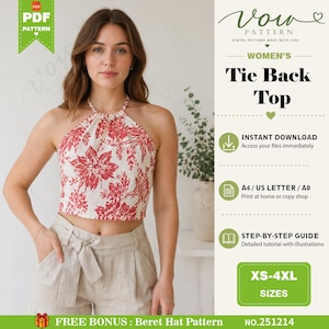 Tie Back Crop Top Sewing Pattern, Beginner Friendly (PDF Pattern)