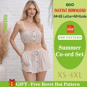 May include: A beige and white striped summer co-ord set, including a crop top and shorts, with button details. The image also includes text that says "Summer Co-ord Set" and "XS-4XL".