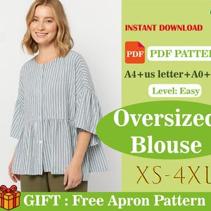 Striped Loose Peplum Blouse PDF Sewing Pattern | Tiered Flounce Sleeve Top | Oversized Women’s Summer Shirt | Digital Download