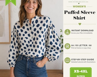 Women Puffed Sleeve Shirt Sewing Pattern | Vintage Style Stand Collar Blouse (PDF Download)