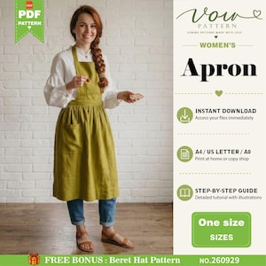 Könnte beinhalten: Ein PDF-Schnittmuster für eine Schürze mit dem Text Vow Pattern, Women's Apron, Instant Download, A4 / US Letter / A0, Step-by-step guide, One size und Free Bonus: Beret Hat Pattern No. 260929. Das Bild zeigt eine grüne Schürze über einem weißen Hemd.