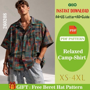 May include: A short-sleeved, patterned camp shirt in shades of blue, green, red, and brown. The shirt is worn by a person in light-wash denim shorts. The image includes text that reads "Relaxed Camp-Shirt" and "XS-4XL".