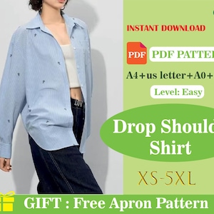 Oversized Drop Shoulder Shirt Sewing Pattern PDF, Loose Fit Cool Casual Blouse, DIY Printable Digital Sewing Pattern, Women Fashion Top PDF