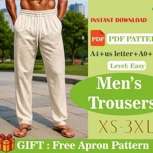 Puede incluir: Pantalones color crema con cintura con cordón. La imagen incluye el texto "Men's Trousers" y "XS-3XL". La imagen también incluye el texto "INSTANT DOWNLOAD" y "PDF PATTERN".