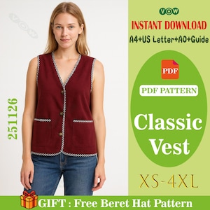 Könnte beinhalten: Eine weinrote Weste mit schwarz-weißem Besatz, Knopfverschluss und zwei Vordertaschen. Das Bild enthält auch den Text "Classic Vest" und "XS-4XL". Das Bild ist ein digitaler Download.