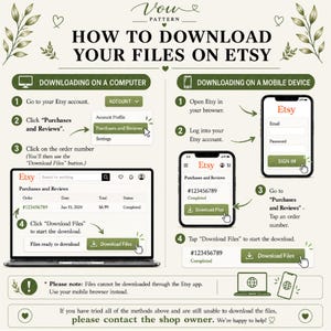 May include: An instructional infographic titled HOW TO DOWNLOAD YOUR FILES ON ETSY, featuring green text and icons. It provides step-by-step guides for downloading files on a computer and a mobile device, including illustrations of browser interfaces.