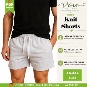May include: A PDF sewing pattern for knit shorts featuring text that reads Vow Pattern, Knit Shorts, Instant Download, A4/US Letter/A0, Step-by-Step Guide, XS-4XL Sizes, and Free Bonus: Beret Hat Pattern No. 251122. The shorts are light gray with a drawstring.