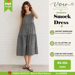 May include: A sleeveless smock dress featuring a black and white gingham pattern on the skirt and a solid black bodice. The text on the image includes Vow Pattern, Smock Dress, Instant Download, A4 / US Letter / A0, Step-by-Step Guide, XS-4XL, and Free Bonus: Beret Hat Pattern No. 260809.