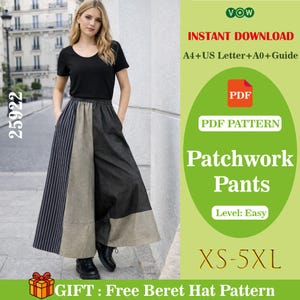 Molde para costura de calça feminina de cintura alta e pernas largas com patchwork (tamanhos XS a 4XL) - Download digital