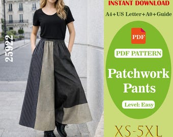 Patchwork High Waisted Wide Leg Pants Sewing Pattern Women (XS-4XL) Digital Download