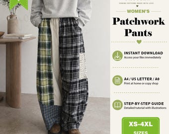 Wide Leg Pants Sewing Pattern PDF Digital Download Womens Patchwork Wide Leg Pants Beginner Friendly A4 A0 US Letter