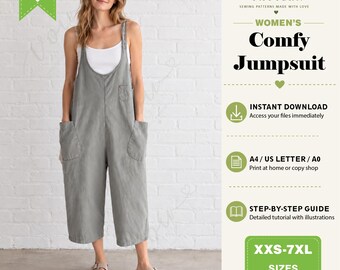 Comfy Jumpsuit Sewing Pattern, Relaxed Fit Overall (PDF Download)