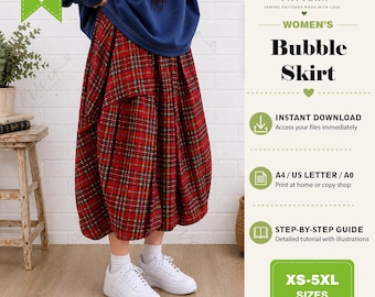 Balloon Skirt PDF Sewing Pattern for Women, Elastic Waist Bubble Skirt, Gathered Midi Skirt with Pockets, Digital Pattern