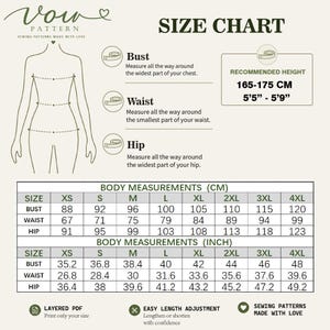 Puede incluir: Una tabla de tallas Vow Pattern con un dibujo lineal de un cuerpo que muestra los puntos de medici&oacute;n de busto, cintura y cadera. Incluye una altura recomendada de 165-175 cm y tablas con medidas corporales en cm y pulgadas para tallas XS a 4XL.