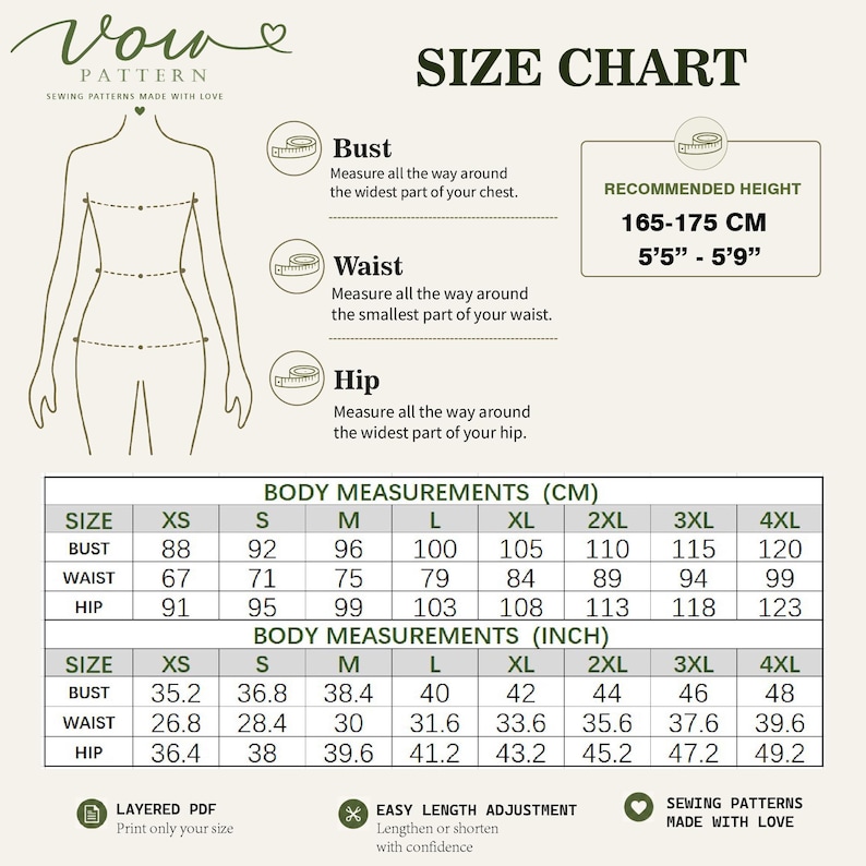 Puede incluir: Una tabla de tallas Vow Pattern con un dibujo lineal de un cuerpo que muestra los puntos de medici&oacute;n de busto, cintura y cadera. Incluye una altura recomendada de 165-175 cm y tablas con medidas corporales en cm y pulgadas para tallas XS a 4XL.