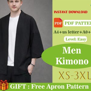 May include: A black kimono with a white shirt underneath, and black pants. The image includes text that says "Men Kimono" and "XS-3XL". The image also includes the text "PDF PDF PATTERN" and "Instant Download".