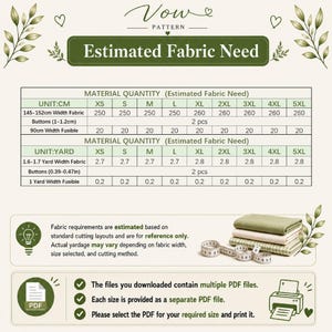 May include: A Vow Pattern chart displaying estimated fabric needs for sizes XS to 5XL. The table provides material quantities in centimeters and yards, including fabric width, button count, and fusible requirements. Includes a stack of fabric and a printer icon.