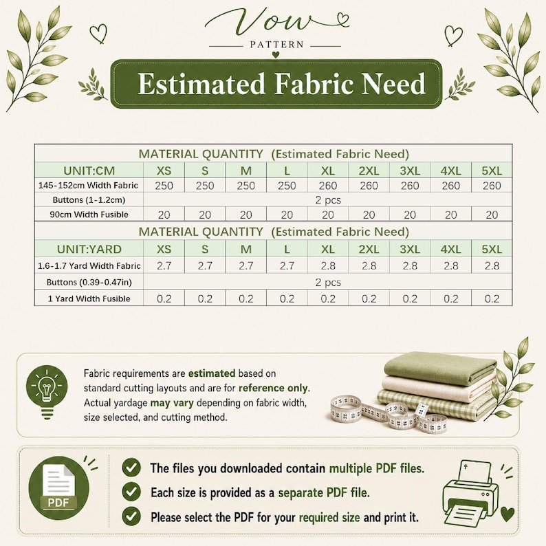 May include: A Vow Pattern chart displaying estimated fabric needs for sizes XS to 5XL. The table provides material quantities in centimeters and yards, including fabric width, button count, and fusible requirements. Includes a stack of fabric and a printer icon.