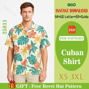 Men’s Cuban Collar Shirt Sewing Pattern PDF, Relaxed Fit Short Sleeve Shirt, Vintage Style Camp Collar Top, Summer Holiday Casual Shirt