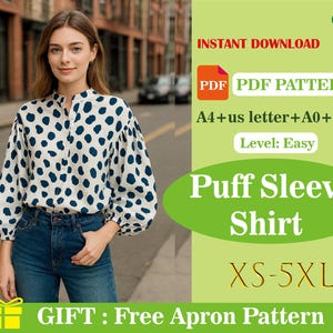 Puff Sleeve Blouse Sewing Pattern PDF | Women Stand Collar Shirt | Vintage Style Digital Sewing Pattern for Beginners