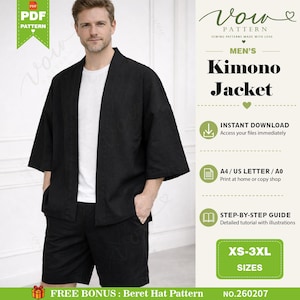 Men's Kimono Haori Jacket Sewing Pattern, Beginner Friendly (XS-3XL)